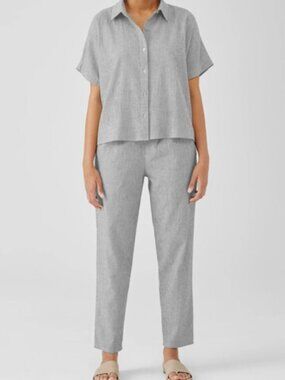 EILEEN FISHER Organic Cotton Linen Tickling Stripe Tapered Pant. XL